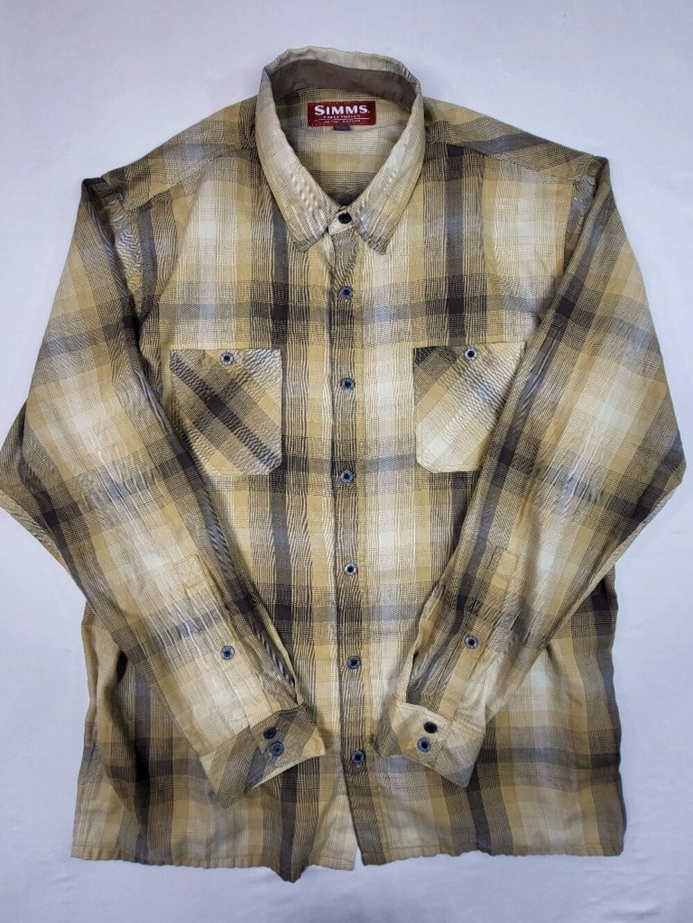 Simms Fishing Products Men XL Plaid Long Sleeve Button Shirt Yellow Brown Tencel